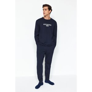 Trendyol Men's Navy Blue Regular Fit Printed Knitted Pajamas Set