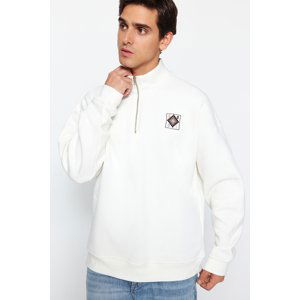 Trendyol Men's Ecru Oversize/Wide-Fit Zipper High Neck Embroidery Detail Inner Fleece Cotton Sweatshirt