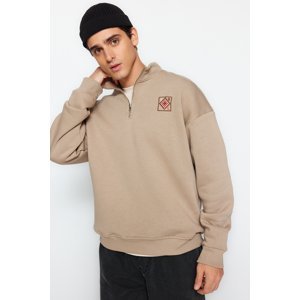Trendyol Men's Mink Oversize/Wide-Fit Zipper High Neck Embroidery Detail Inner Fleece Cotton Sweatshirt