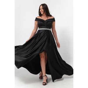 Lafaba Women's Black Boat Neck Stone Plus Size Evening Dress with Stone Belt