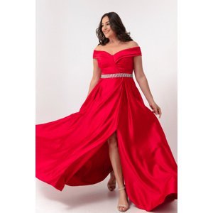 Lafaba Women's Red Boat Neck Stone Plus Size Evening Dress with Stone Belt