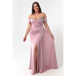Lafaba Women's Powder Collar Stoned Tail Long Evening Dress
