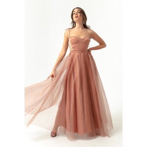 Lafaba Women's Mink Stone Strap Glittery Glittery, Flare Cut Long Evening Dress.