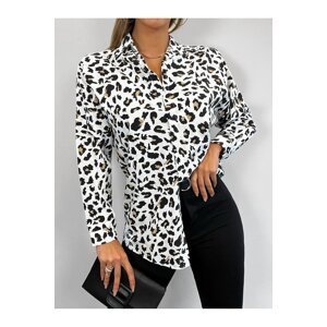 armonika Women's Beige Leopard Pattern Oversize Long Basic Shirt