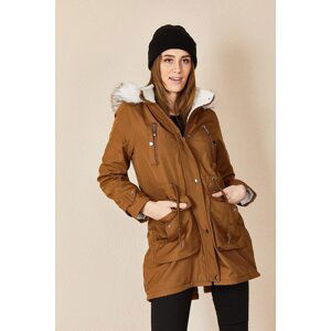 HAKKE Women's Snap Fastener Hooded Fur Coat Chest Pocket Coat