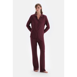 Dagi Burgundy Shirt Collar Basic Modal Pajamas Set