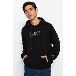 Trendyol Men's Black Oversize/Wide-Fit Text Embroidered Hooded Sweatshirt