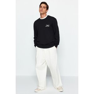 Trendyol Men's Black Regular/Real Fit Crew Neck Fleece Fluffy Minimal Text Printed Sweatshirt