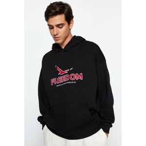 Trendyol Men's Black Oversize/Wide-Fit Hooded Fishnet Embroidered Fleece Inside Cotton Sweatshirt