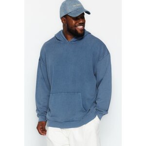 Trendyol Indigo Men's Relaxed/Comfortable Cut Wash Effect Hooded 100% Cotton Sweatshirt