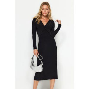 Trendyol Black V-Neck Gathered Detail Bodycone/Fitted Elastic Midi Knitted Dress