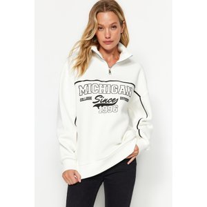 Trendyol Ecru Zipper Printed Oversize/Wide Fit Thick Fleece Knitted Sweatshirt