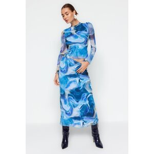 Trendyol Blue Patterned Tulle Lined A-Line/Awning Formal Midi Knit Skirt