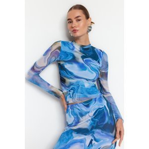 Trendyol Blue Patterned Draped Sheer Backless Fitted/Situated Tulle Knitted Blouse