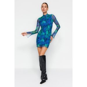Trendyol Blue High Collar Printed Ruffle Fitted Tulle Lined Mini Knitted Dress