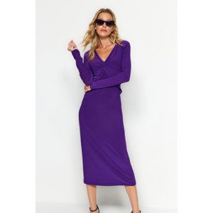 Trendyol Purple V-Neck Gather Detailed Bodycone/Fitting Flexible Midi Knitted Dress