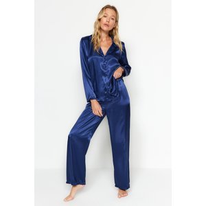 Trendyol Navy Blue Satin Shirt-Pants Woven Pajamas Set