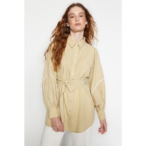 Trendyol Beige Belted Piping Detailed Balloon Sleeve Cotton Woven Shirt