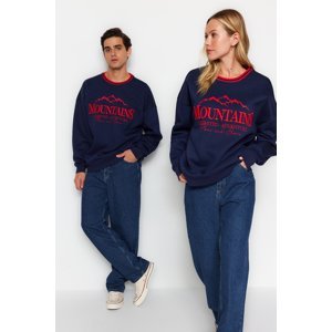 Trendyol Navy Blue Unisex Oversize/Wide-Fit Striped Collar Text Embroidered Fleece Sweatshirt