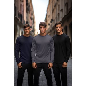 Trendyol Black-Navy Blue-Anthracite Men's Regular/Normal Fit Long Sleeve 3-Pack Basic 100% Cotton T-Shirt
