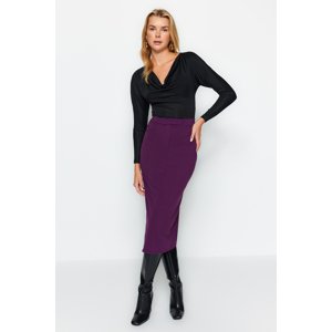 Trendyol Purple Smart Crepe Belt Detailed Fleto Pocket Midi Pencil High Waist Elastic Knitted Skirt