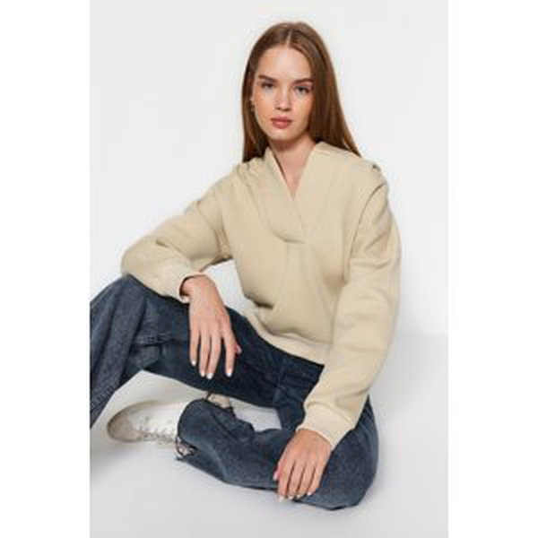 Trendyol Stone Thick Fleece Hooded Comfort Cut Crop Knitted Sweatshirt