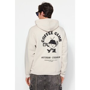 Trendyol Stone Men's Oversize/Wide-Fit Hooded Fluffy Print Detail Fleece Inside Cotton Sweatshirt