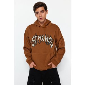 Trendyol Light Brown Men's Oversize Soft Fuzzy Hooded Sweatshirt with Text Embroidery