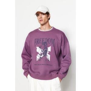 Trendyol Men's Lilac Oversize/Wide-Fit Crew Neck Printed Fleece Inside Cotton Sweatshirt