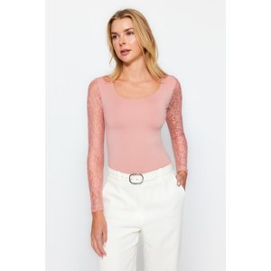 Trendyol Pale Pink Square Neck Lace Sleeve Knitted Bodysuit