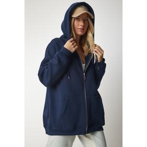 Happiness İstanbul Women's Navy Blue Hooded Zipper Oversize Sweatshirt