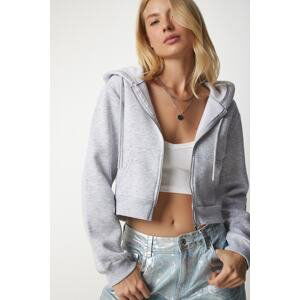 Happiness İstanbul Women's Gray Hooded Zippered Crop Sweatshirt