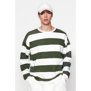 Trendyol Green Unisex Oversize/Wide-Fit Crew Neck Striped Fleece Interior Cotton Sweatshirt.