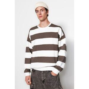 Trendyol Men's Mink Oversize/Wide-Fit Crew Neck Striped Fleece Inner Cotton Sweatshirt