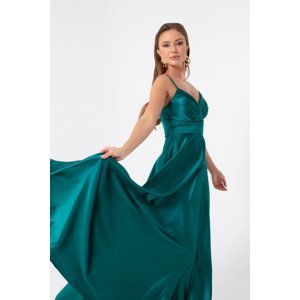 Lafaba Women's Emerald Green Long Satin Evening Dress &; Prom Dress with Thread Straps and Waist Belt