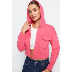 Trendyol Pink Comfort Fit Crop Pocket Detail Hooded Fleece Inside Knitted Sweatshirt