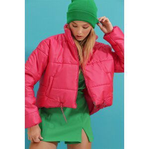 Trend Alaçatı Stili Women's Fuchsia High Neck Double Pocketed Elastic Waist Puffer Puffer Coat