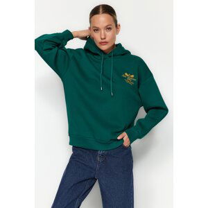 Trendyol Emerald Green Regular/Regular Fit Embroidered Hooded Fleece Knitted Sweatshirt