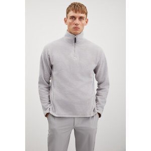 GRIMELANGE Hayes Men's Fleece Half Zipper Thick Textured Comfort Fit Gray Fleece with Leather Accessories