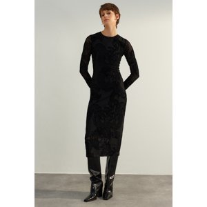 Trendyol Black Flock Printed Fitted Maxi Crew Neck Stretchy Knitted Dress