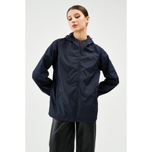 River Club Women's Navy Blue Inner Lined Waterproof Hooded Raincoat with Pocket - Windbreaker Jacket