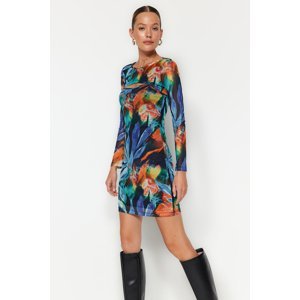 Trendyol Blue Printed Body-hugging Tulle Bolero Detailed Boat Neck Stretchy Knitted Dress