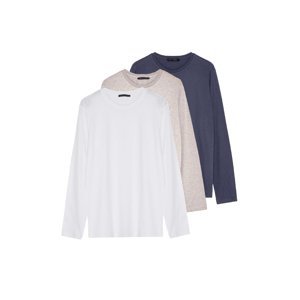 Trendyol Dark Grey-Beige-White Men's Slim/Slim Fit 3-Pack 100% Cotton Long Sleeve Basic T-Shirt