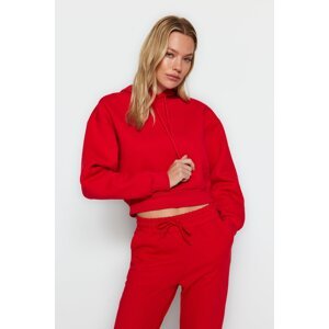 Trendyol Red Thick Fleece Hooded Comfort Fit Crop Basic Knitted Sweatshirt