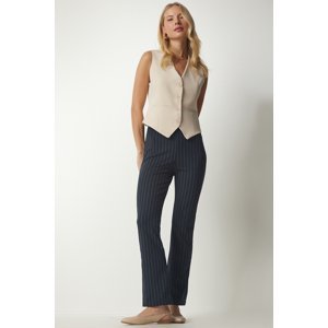 Happiness İstanbul Women's Navy Blue Slim Striped Casual Trousers
