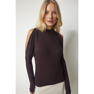 Happiness İstanbul Women's Dark Brown High Collar Off-the-Shoulder Knitwear Blouse