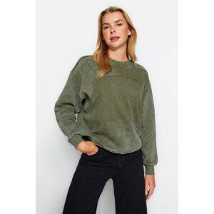 Trendyol Khaki Worn/Faded Effect Fleece Inside Oversize/Cross-Fit Knitted Sweatshirt