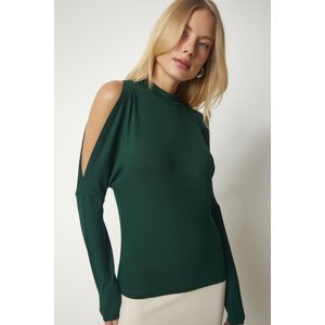 Happiness İstanbul Women's Emerald Green High Collar Off-the-Shoulder Knitwear Blouse