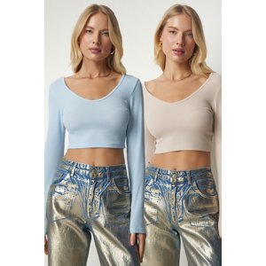 Happiness İstanbul Women's Biscuit Baby Blue V Neck 2 Pack Crop Blouse