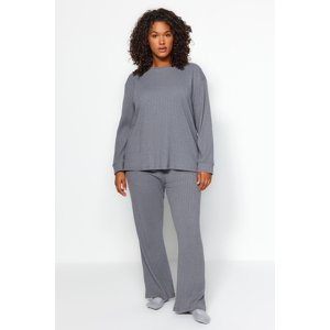 Trendyol Curve Anthracite Crew Neck Relaxed Fit Knitted Ribbed Camisole Plus Size Top-Bottom Set